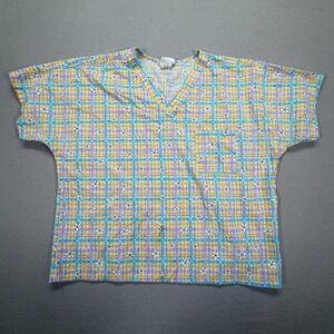 Simply Basic Scrub Top Womens XL Good Multi Plaid Daisy Floral‎ V-Neck Pocket